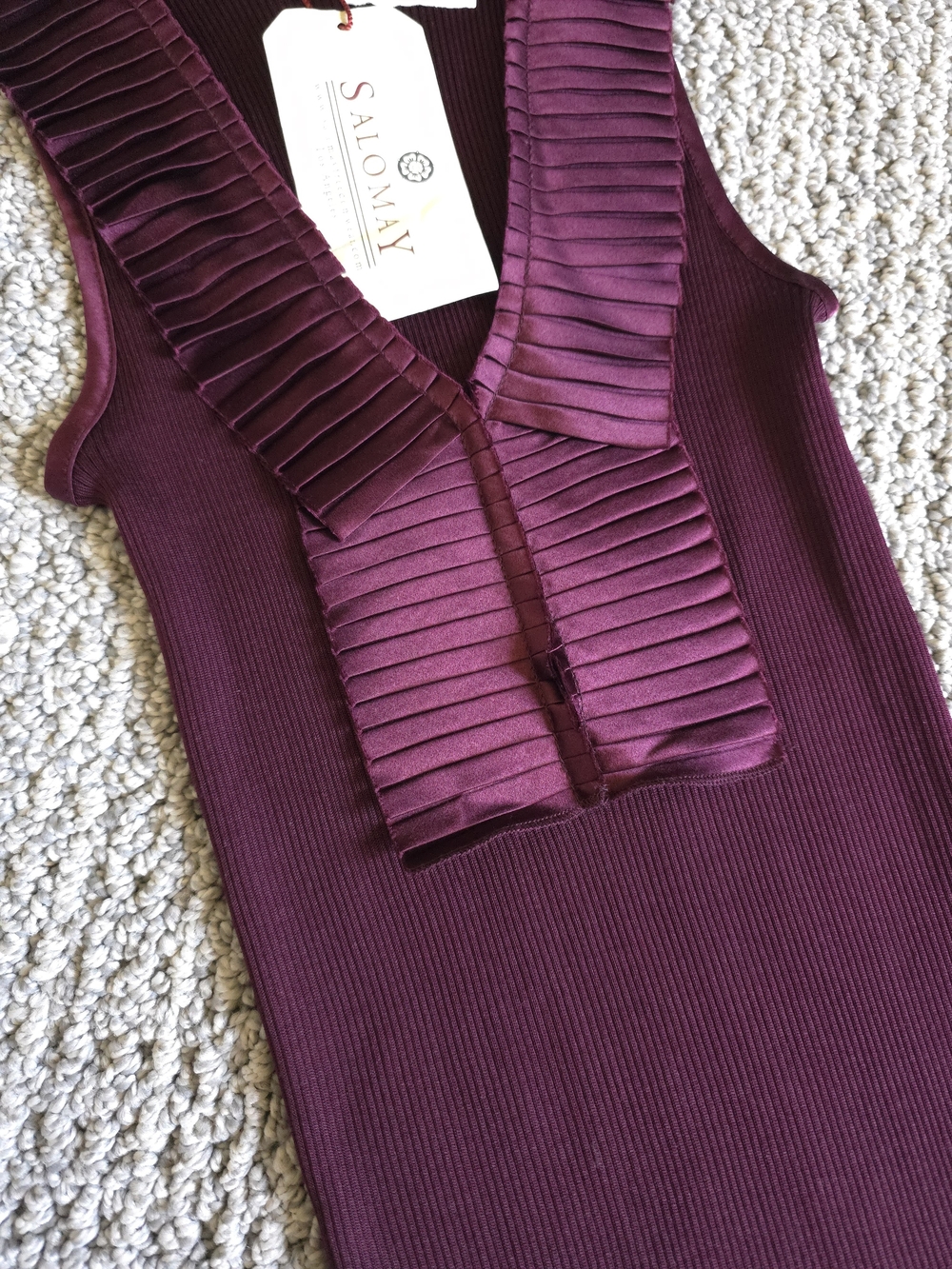 Salomay Silk Stretchy Burgundy Tank with Ruffle Trim - Picture 3 of 15